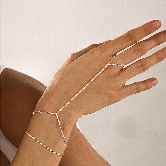 Silver Dainty Plated Stackable Link Chain Ring Bracelet Hand Chain for Women - Picture 4 of 7